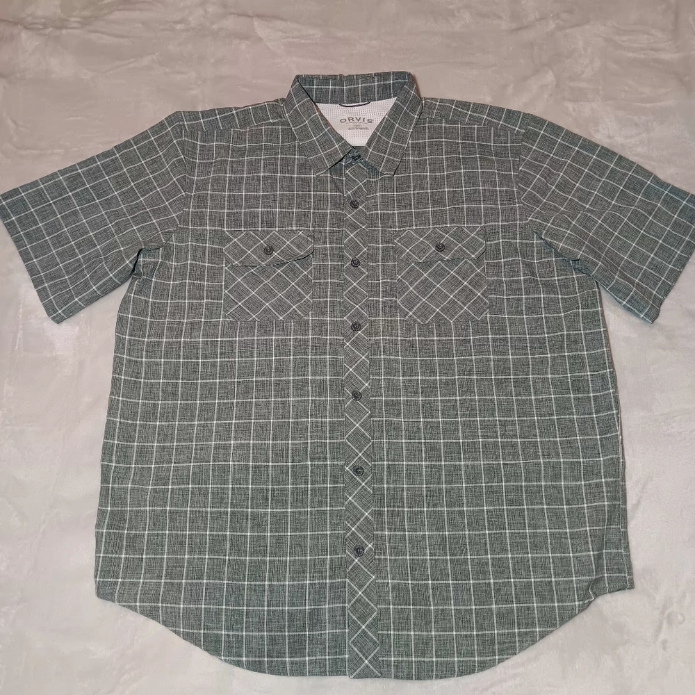 Orvis Men's Short Sleeves Gray Plaid Shirt XL